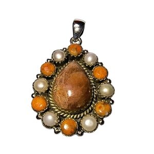 OregonSunstone, Orange Mojave Turquoise And Pearl In Sterling Silver Pendant New